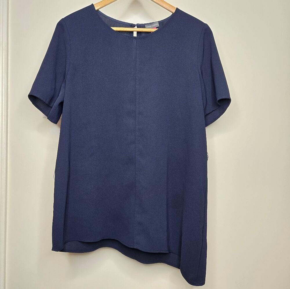 VINCE CAMUTO Asymmetrical Short Sleeve Navy Blue Women's Top Size M
